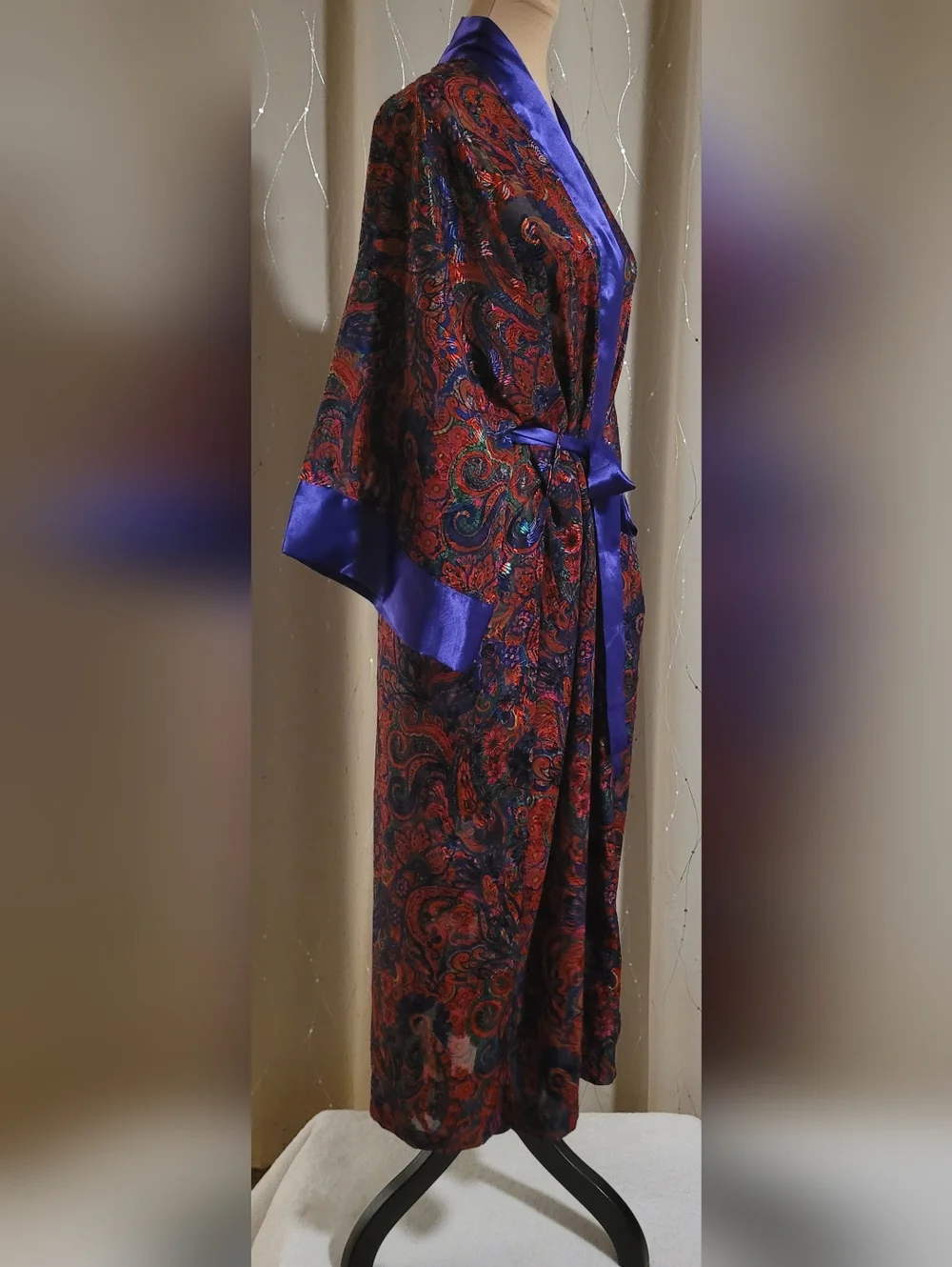 Vtg Victoria's Secret Gold Label Jewel Tone Purple Paisley Satin Maxi Robe OS - Picture 2 of 15